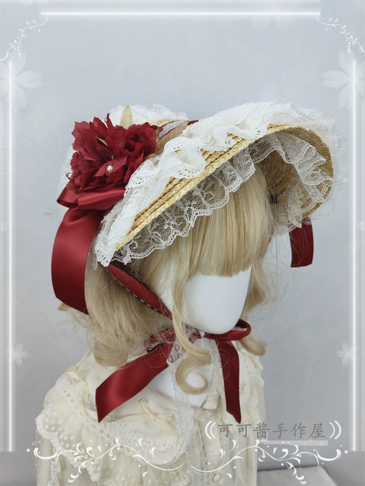 Cocoa Jam~Country Lolita Bonnet Lace Flower Flat Cap Multicolors Customized burgundy  