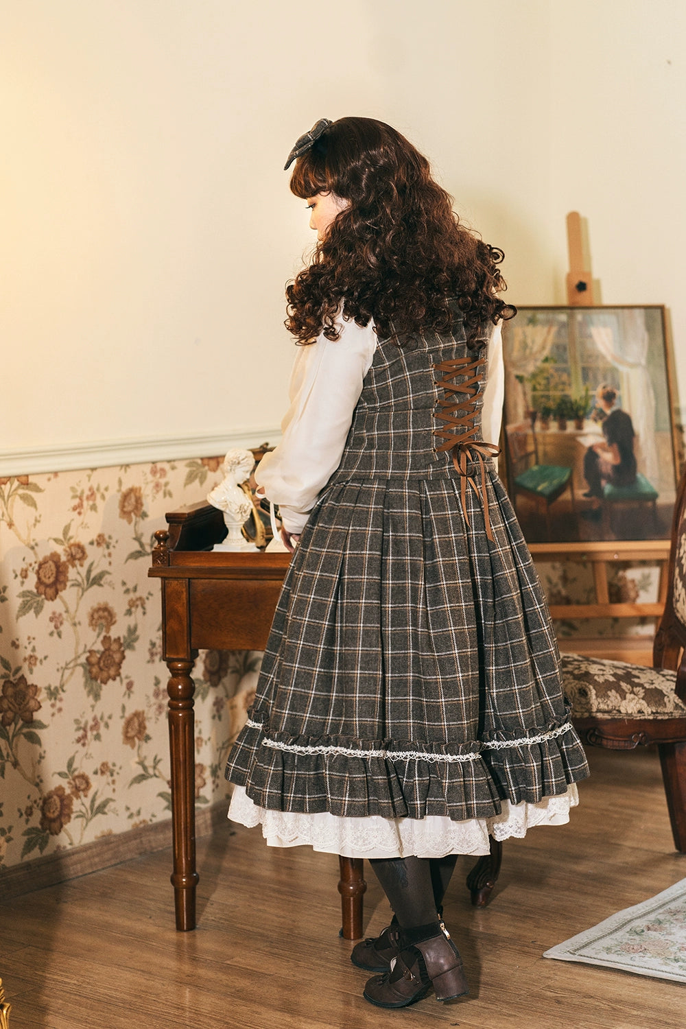 (BFM)Miss Point~Rose~Elegant Lolita Pliad Print Vest Customized XS dark brown grid 