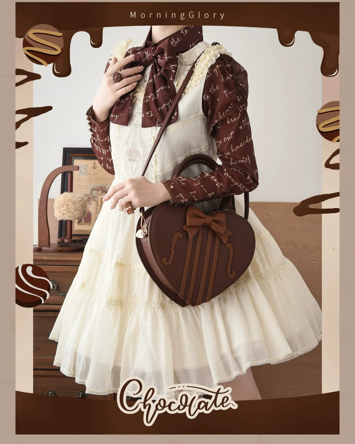 Heart of Violin - PU Classic Lolita Heart Shaped Bag, Violin and Bow Detail 45630:856443
