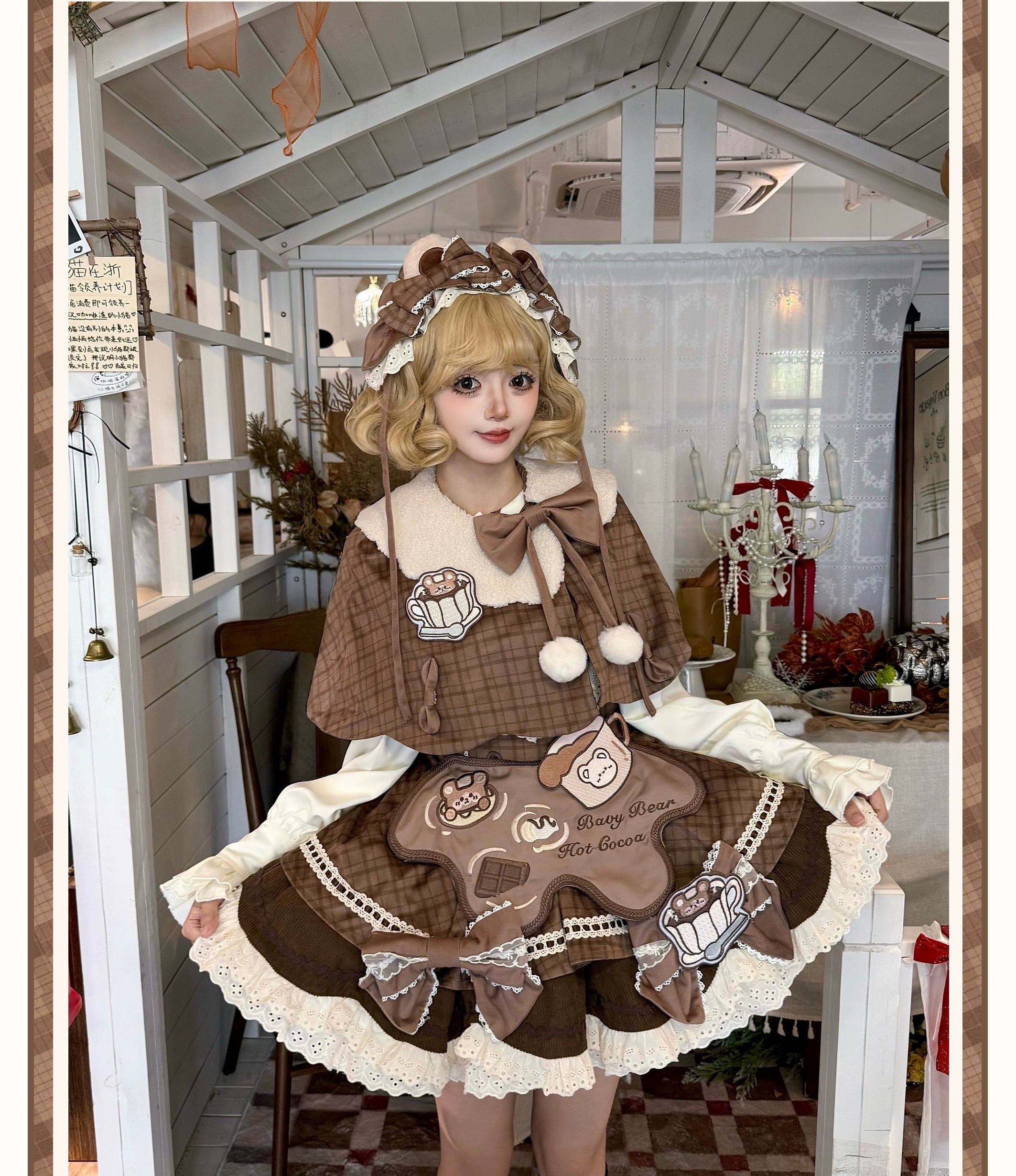 Seal Frosting House - Hot Cocoa Bear - Kawaii Lolita JSK Dress, Blouse & Cape 44181:797603