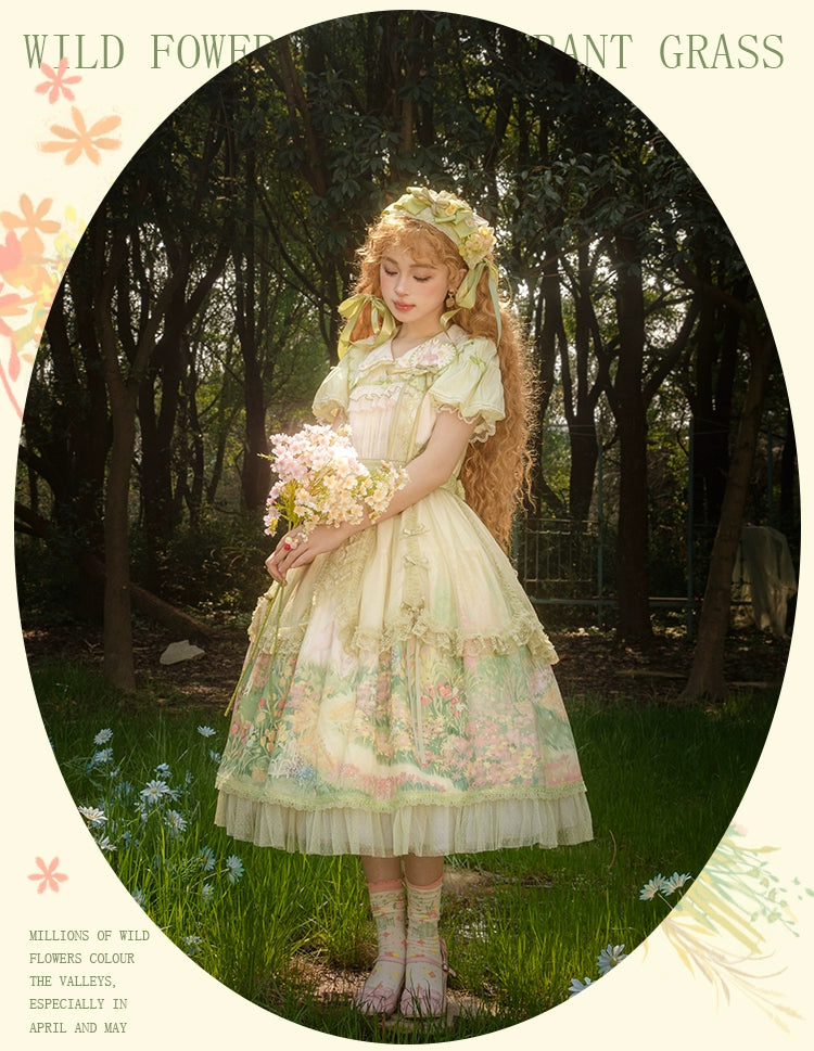 Flower and Pearl Box~Wild Flowers and Fragrant Grass~Country Lolita Dress Floral Print JSK and OP Dress Set