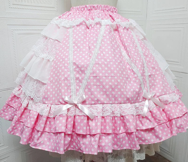 Sweet Angel~Japanese Sweet Lolita Skirt Retro Showa Knee Cake Dress Pink skirt with white polka dots F