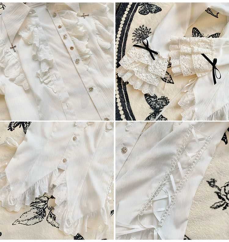 With PUJI - Black White Gothic Lolita Blouse, Waist Lace-Up