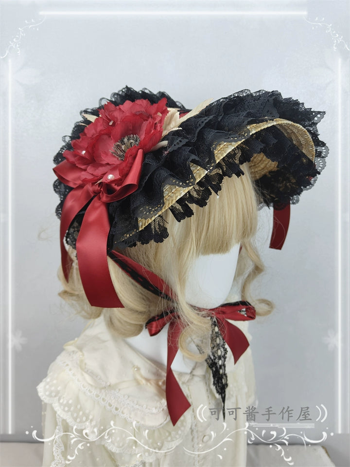 Cocoa Jam~Country Lolita Bonnet Lace Flower Flat Cap Multicolors Customized black burgundy 36112:524692