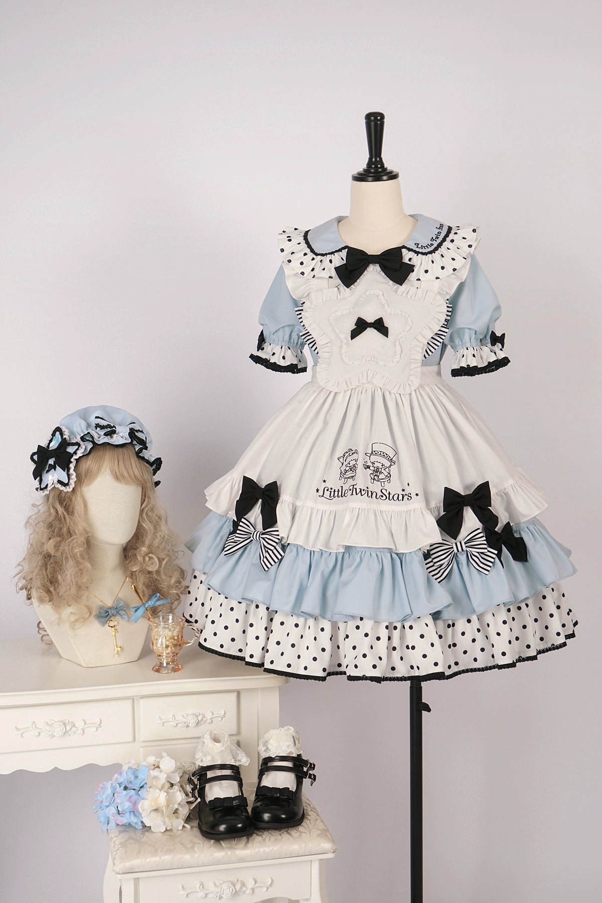 Vcastle~Sweet Lolita OP Dress Splicing Sleeve Apron Dot Print Dress 19776:303728