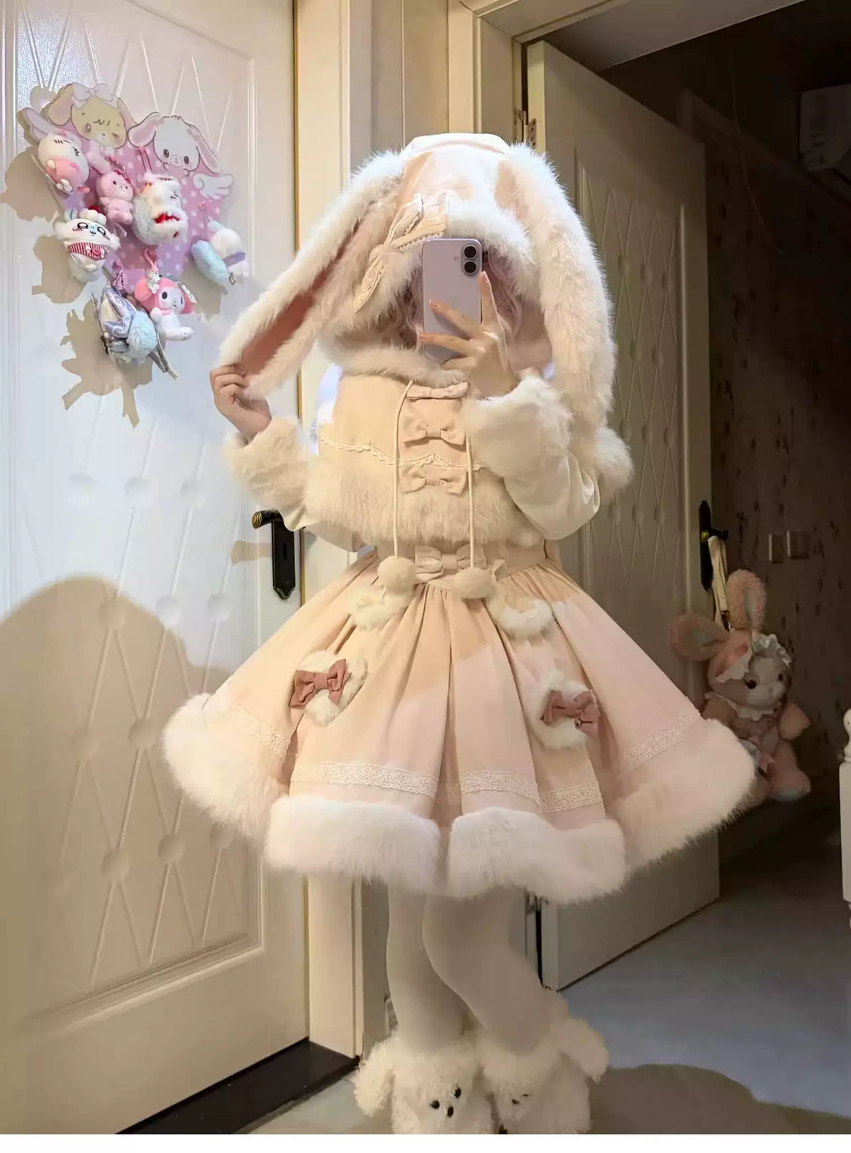 Sweet Dream Bunny - Sweet Lolita Cape & JSK Dress Set, Faux Fur Bunny Ear
