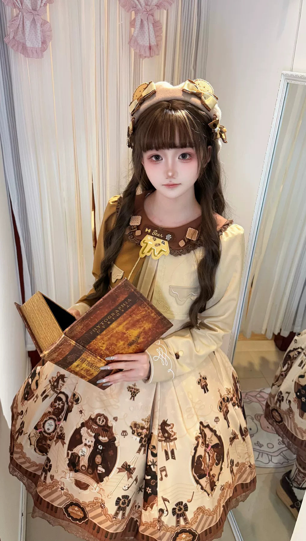 Cream Bear - Print Kawaii Lolita Fake Two-Piece OP, A-lined JSK Dress 44502:811623