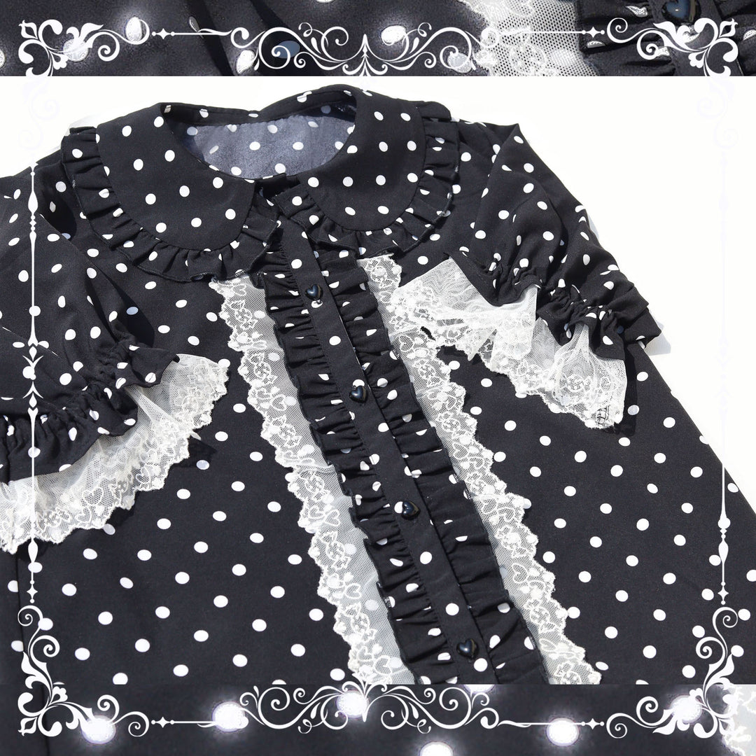 MIST~Heartbeat Program~Elegant Lolita Polka Dot Chiffon Lapel Shirt black S 