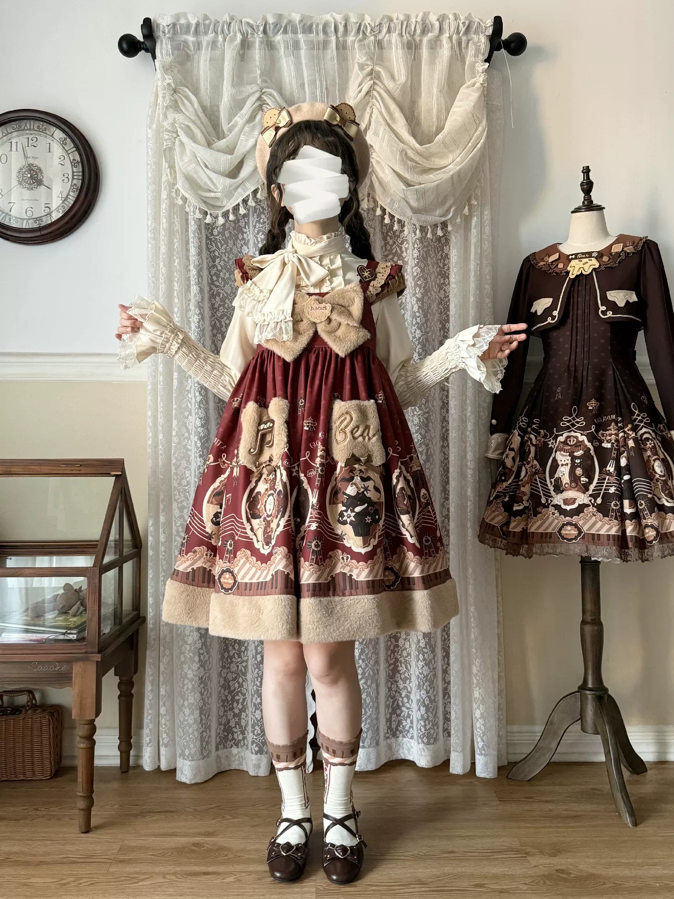 Cream Bear - Print Kawaii Lolita Fake Two-Piece OP, A-lined JSK Dress 44502:811638