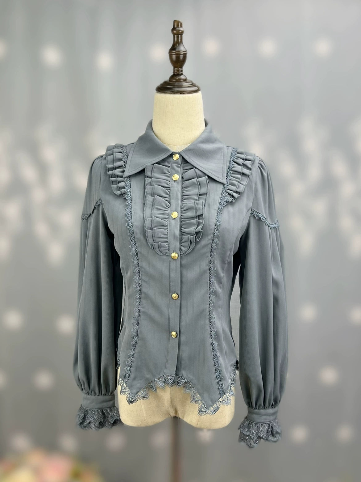 DMFS Lolita - Night Banquet - Pointed Collar Classic Lolita Shirt, Long Sleeve Gray (or Grey) S