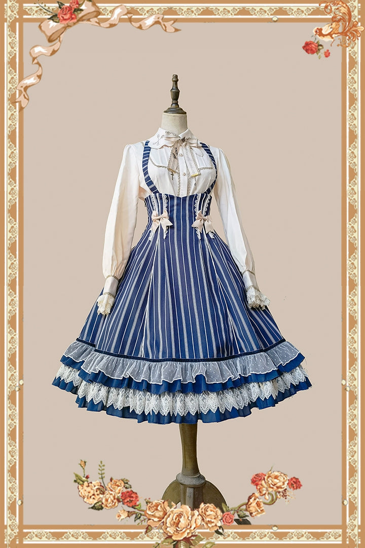 (Buy for me) Infanta~Elegant Lolita Stripe High-waist Jumper Dress Set and Cape   