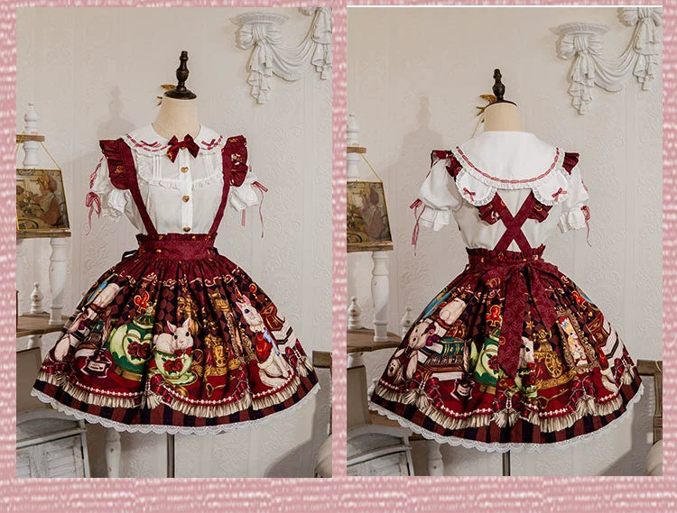 Ocelot - Crown Bear - Kawaii Lolita SK Daily Chiffon Skirt S Wine red