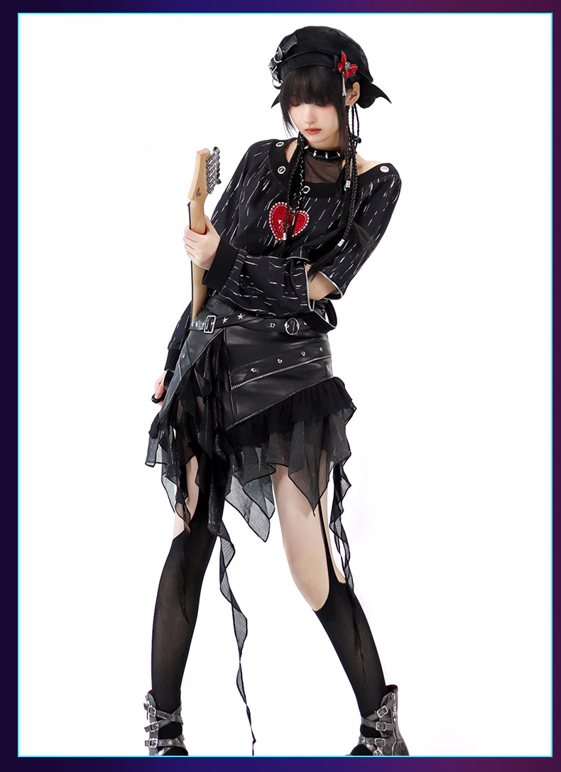 YingLuoFu - Vintage Punk Lolita Heart Pattern Black Skirt Suit S full set(hoodie+innerwear+skirt)