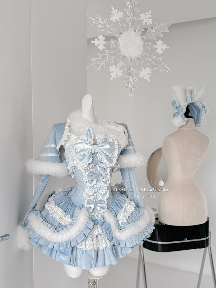 POSHEPOSE~Chuling Swan Lake~Sweet Lolita JSK Set Velvet Blue Dress for Prom