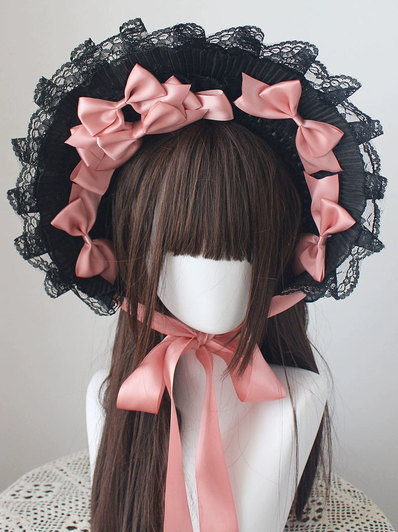 (BFM)Deer Girl Handmade~Gothic Lolita Handmade Bonnet with Bows and Beads   