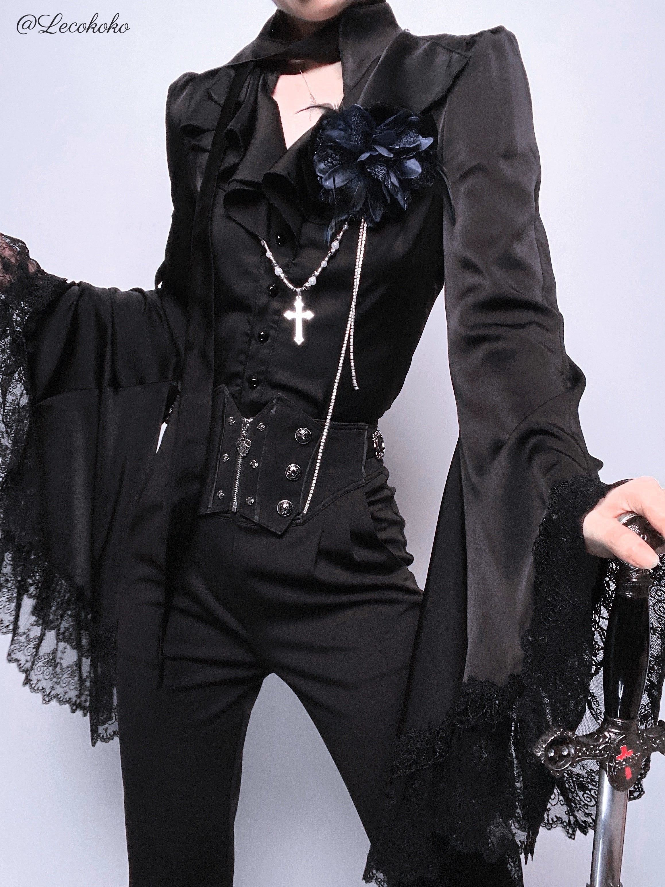 Acorn Lolita - Butterfly Shadow - Gothic Lolita Ruffled Shirt, Tailcoat Style