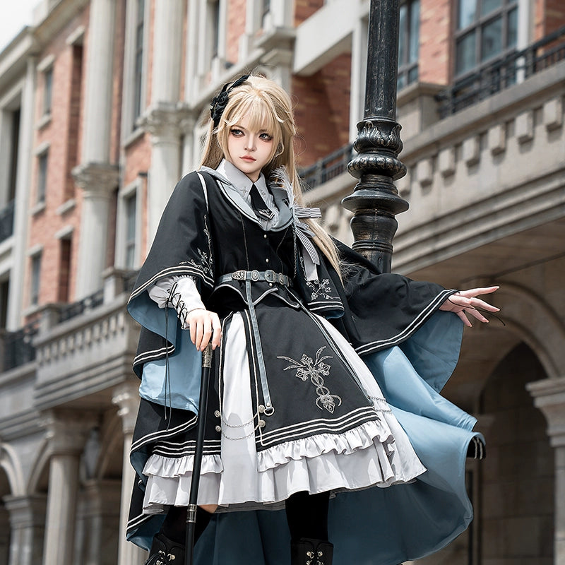 CHUNLV LOLITA~Dark Night Contract~Blue Military Lolita Dress Suit Skirt Elegant OP Cape