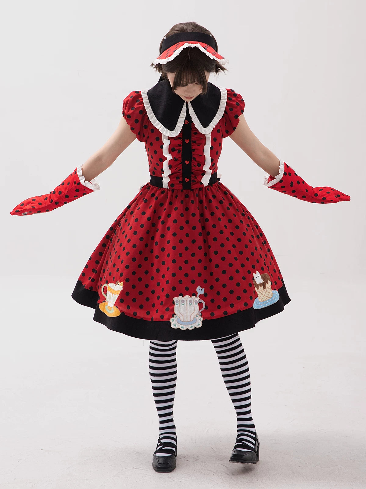 Teacup Meow - Old School Lolita Polka Dot OP Dress, Cat and Teacup Patch 45490:852650