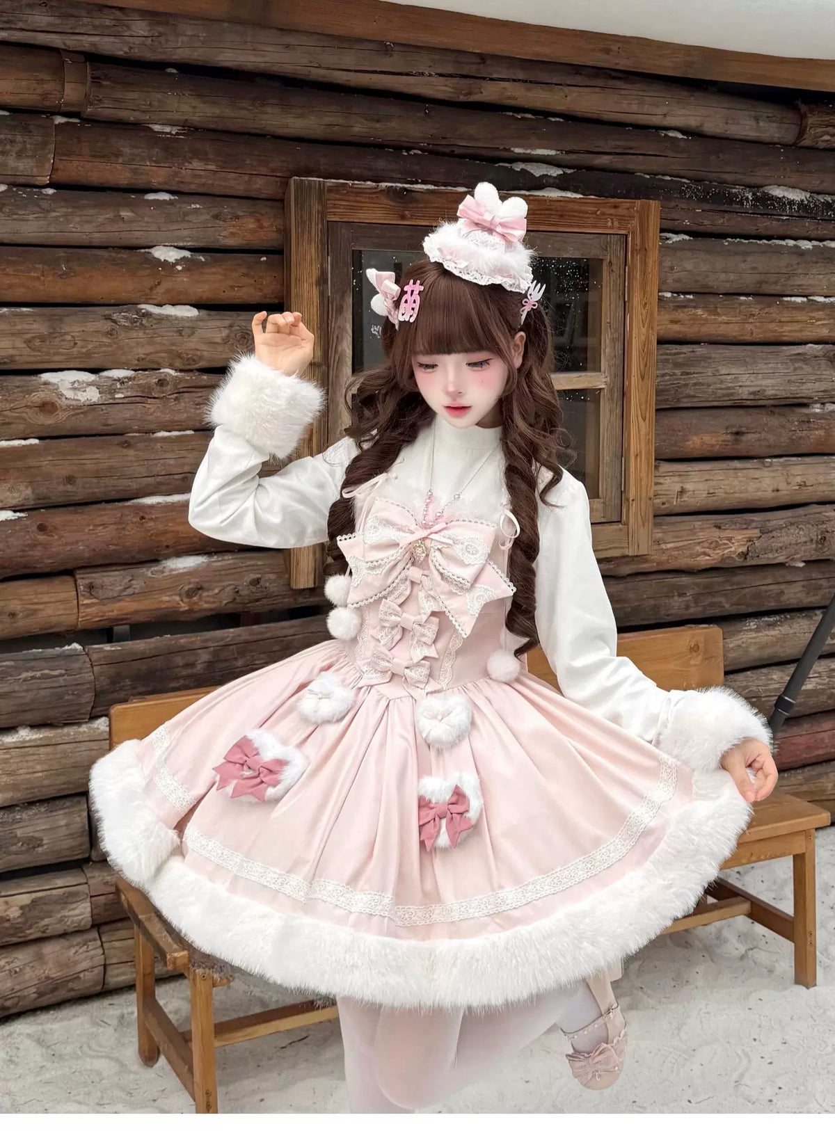 Sweet Dream Bunny - Sweet Lolita Cape & JSK Dress Set, Faux Fur Bunny Ear