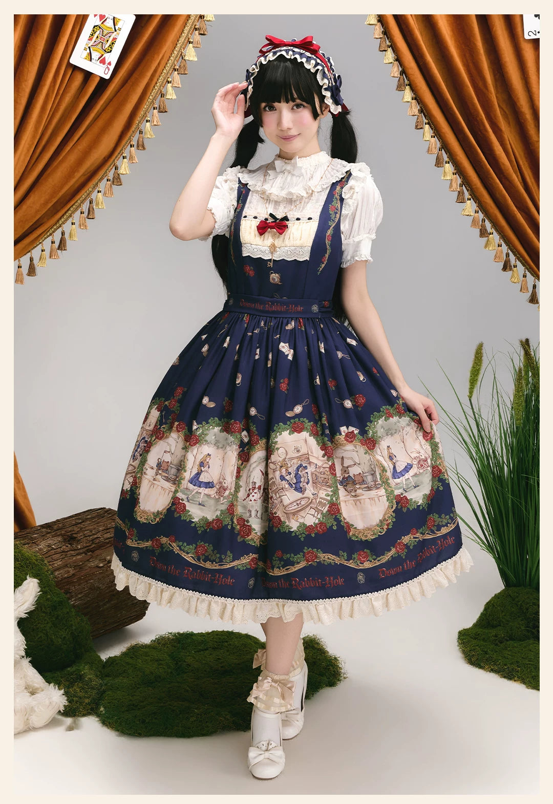 Down the Rabbit Hole - Daily Wear Classic Lolita OP & JSK Dress, Alice in Wonderland Print 46008:871948