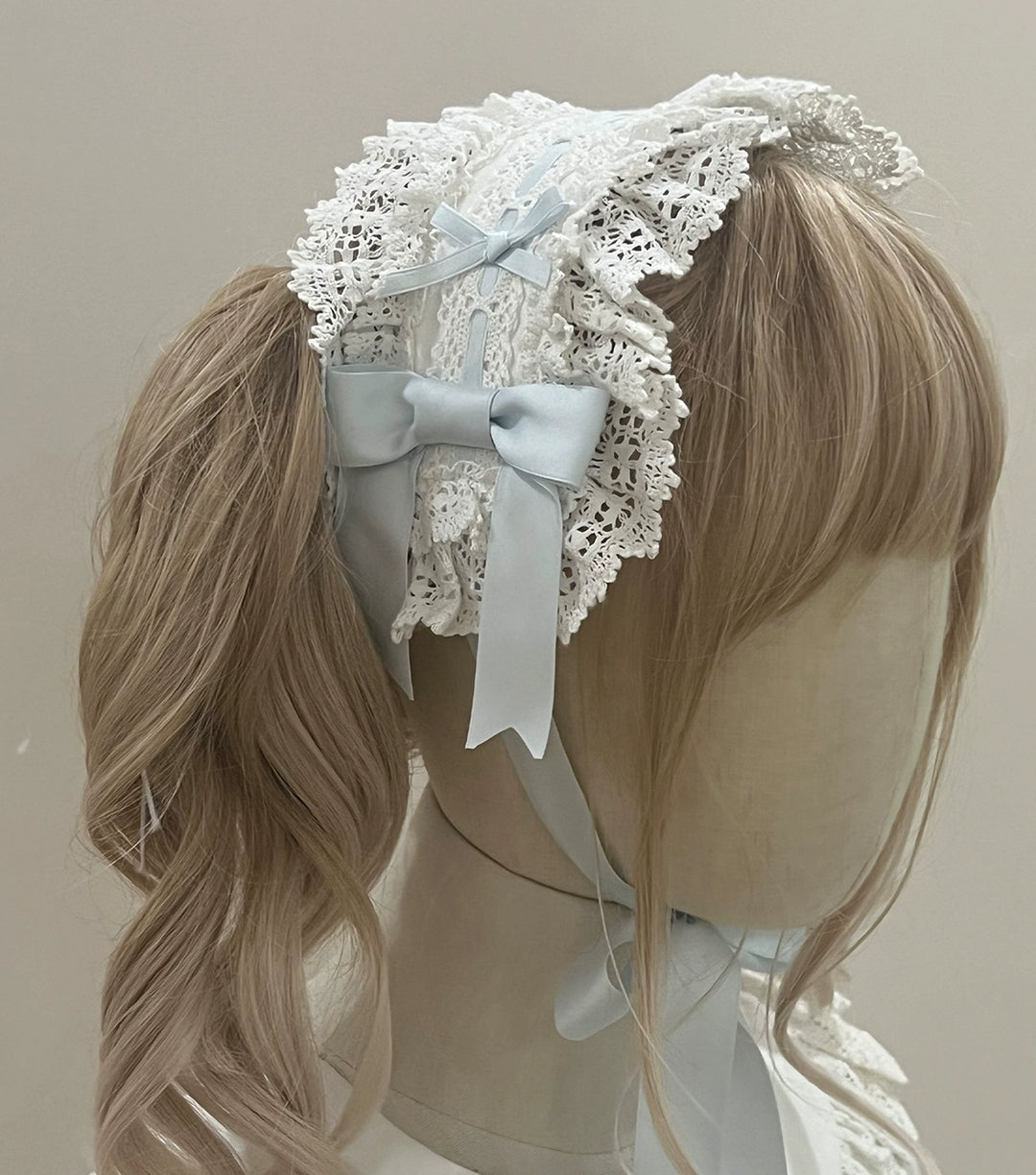 (BFM)Little Bear~Laura's Doll~Sweet Lolita Bloomer Bonnet Headband Hair Clip White and Blue Headband Free size 