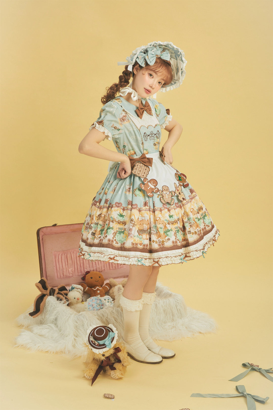 Babyblue~Little Bear Honey Jar~Kawaii Lolita Short Sleeve OP Gingerbread Man Embroidered Dress