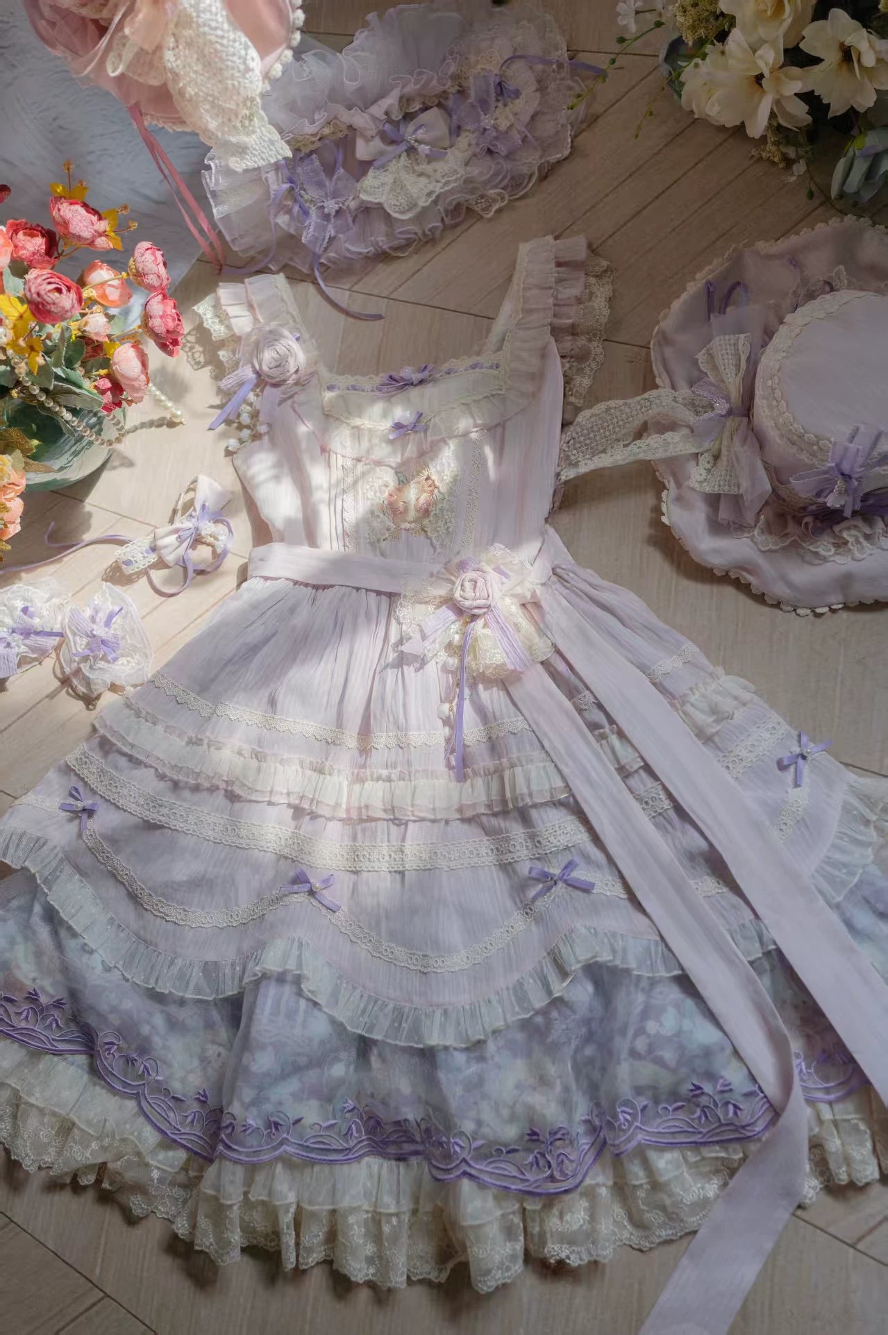 Lily of the Valley Lamb - Classic Lolita Tiered Hem JSK Dress with Embroidery 45277:852082
