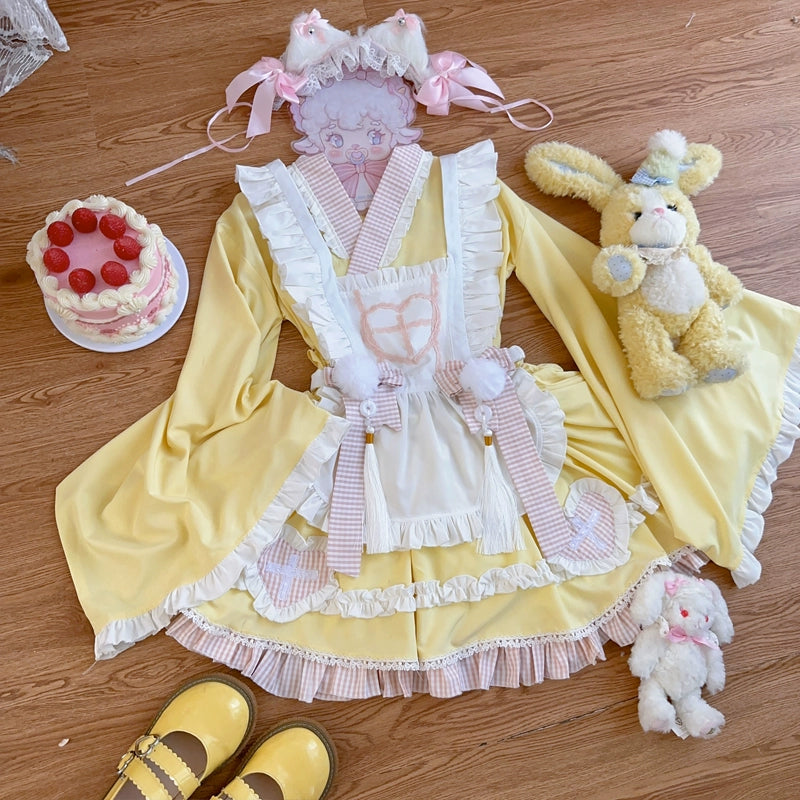 Hanguliang~Sweet Meow Nurse~Maid Lolita Skirt Set Kawaii Lolita Dress S Yellow (top + skirt + apron + back bow) 