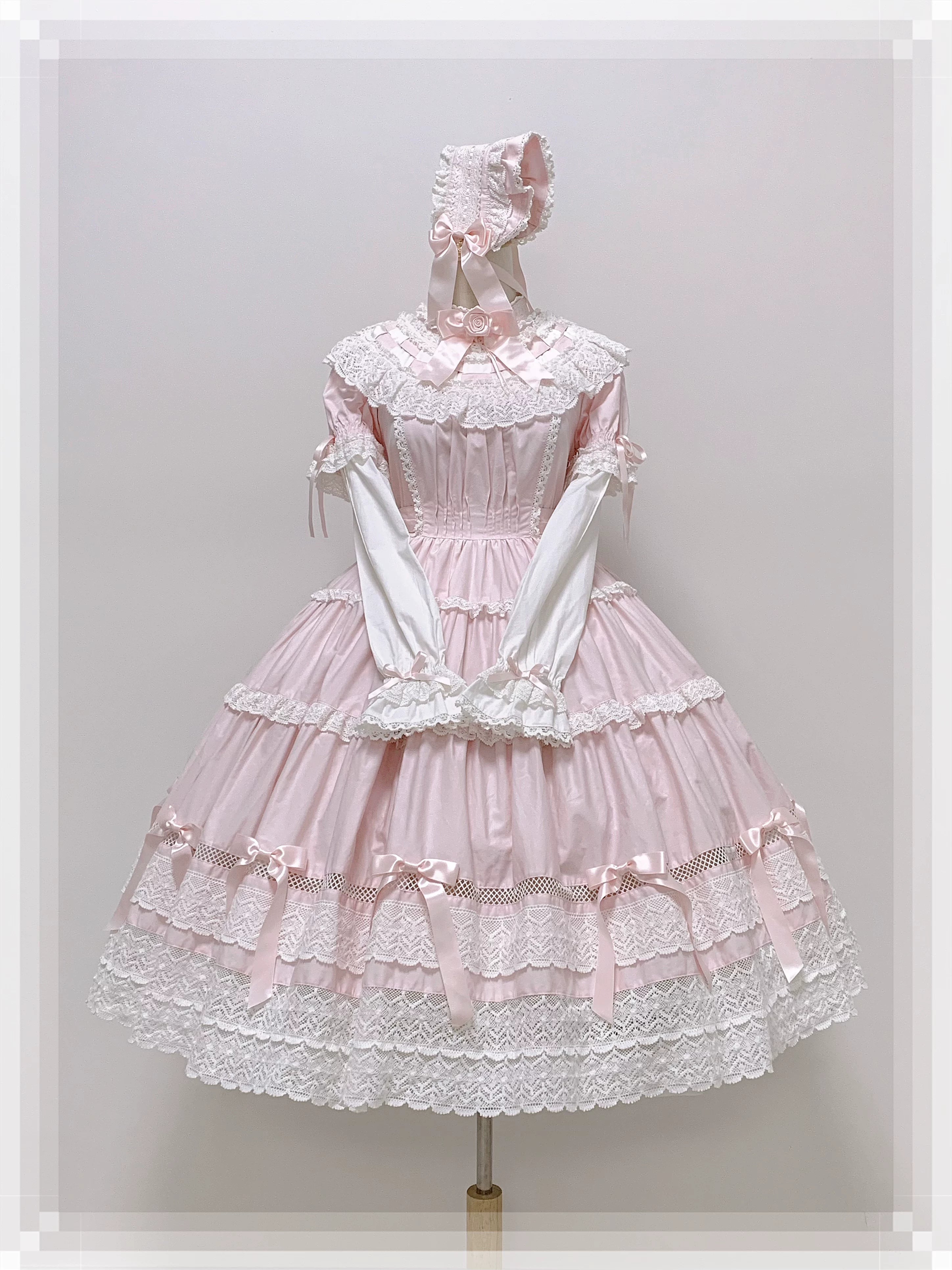 Edelburg Rose - Old School Lolita Cotton OP Dress Set, Detachable Sleeves (L M S XL) 45685:859073