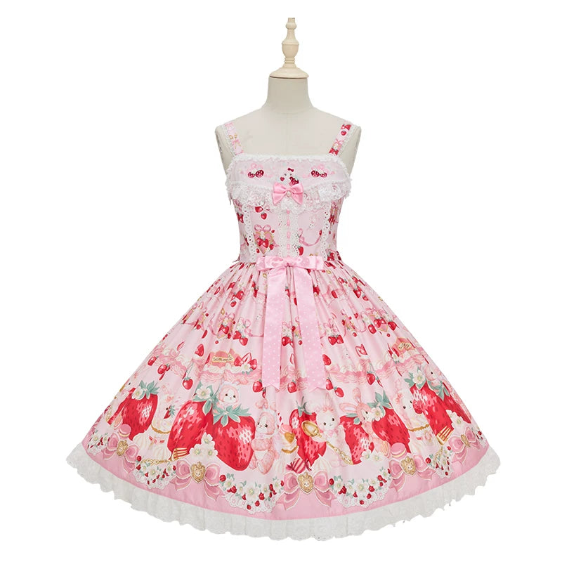 Strawberry Momo Party - Sweet Lolita OP and JSK, Strawberry Print and Cake Embroidery (L M S XL XS) 45548:853157