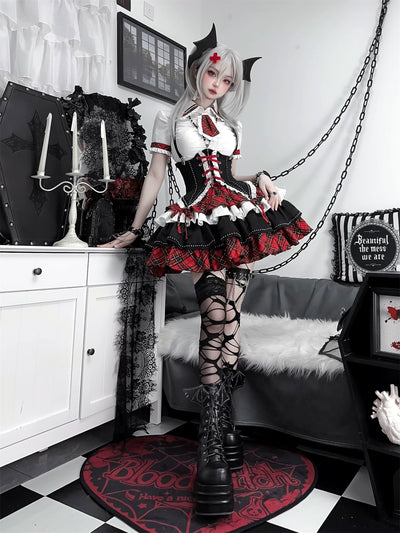 (BFM)Xiaoxin~Punk Lolita JSK Dress Red and Black Skirt Shirt Set   