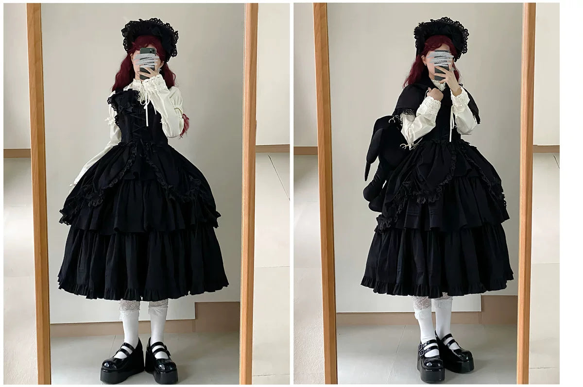 Cotton Gothic Lolita Long JSK, Drawn-up Hem 45213:841048