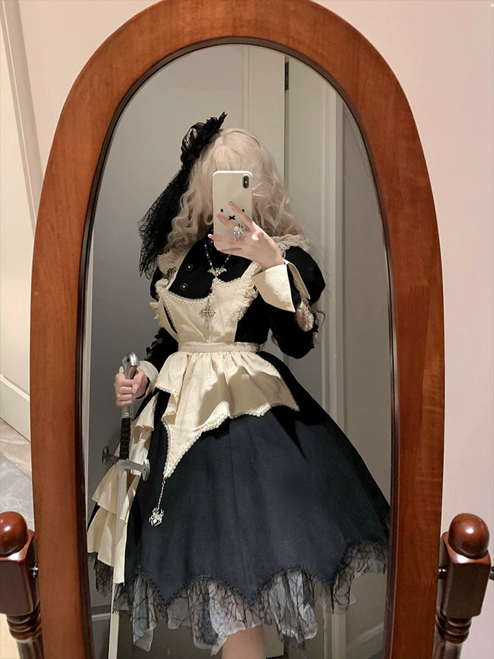 Sakurahime~Spider Dream~Gothic Lolita OP Dress Maid Lolita Built-in Fishbone Detachable Apron