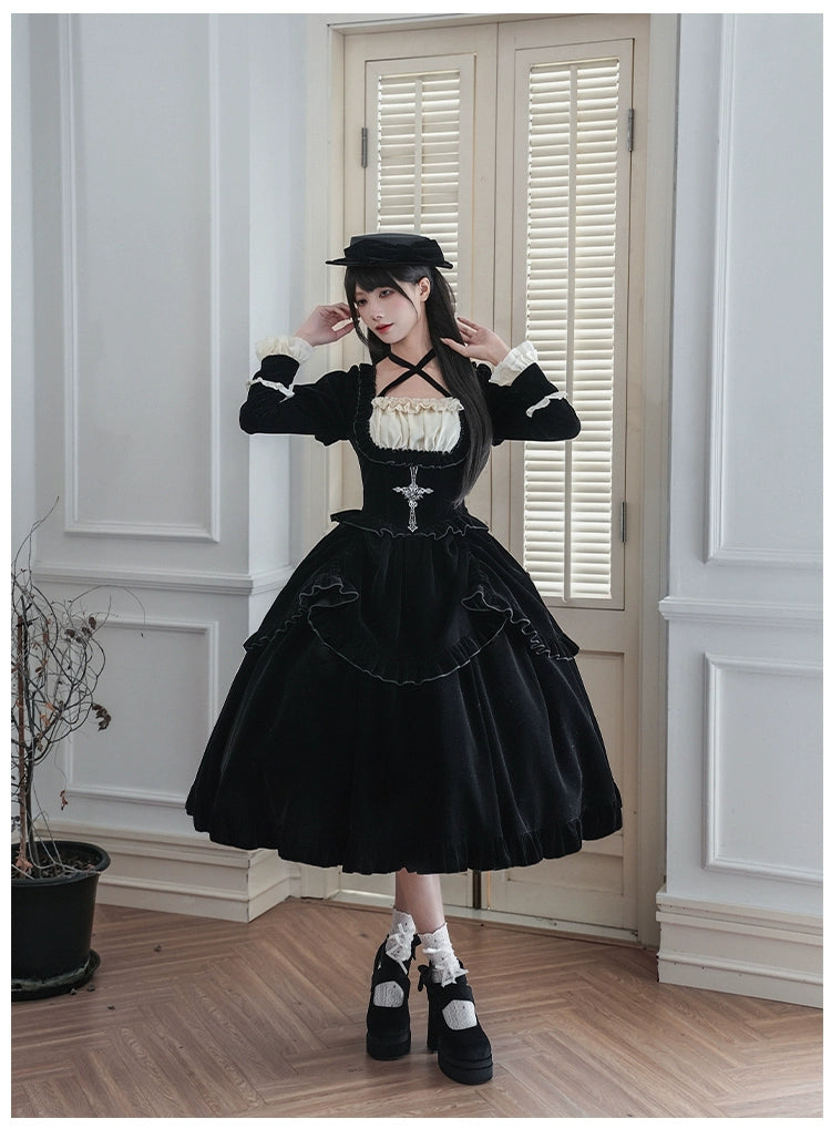 With PUJI - Apocalypse - Gothic Lolita Velvet OP Dress Set, Fishbone Waist 44128:797125
