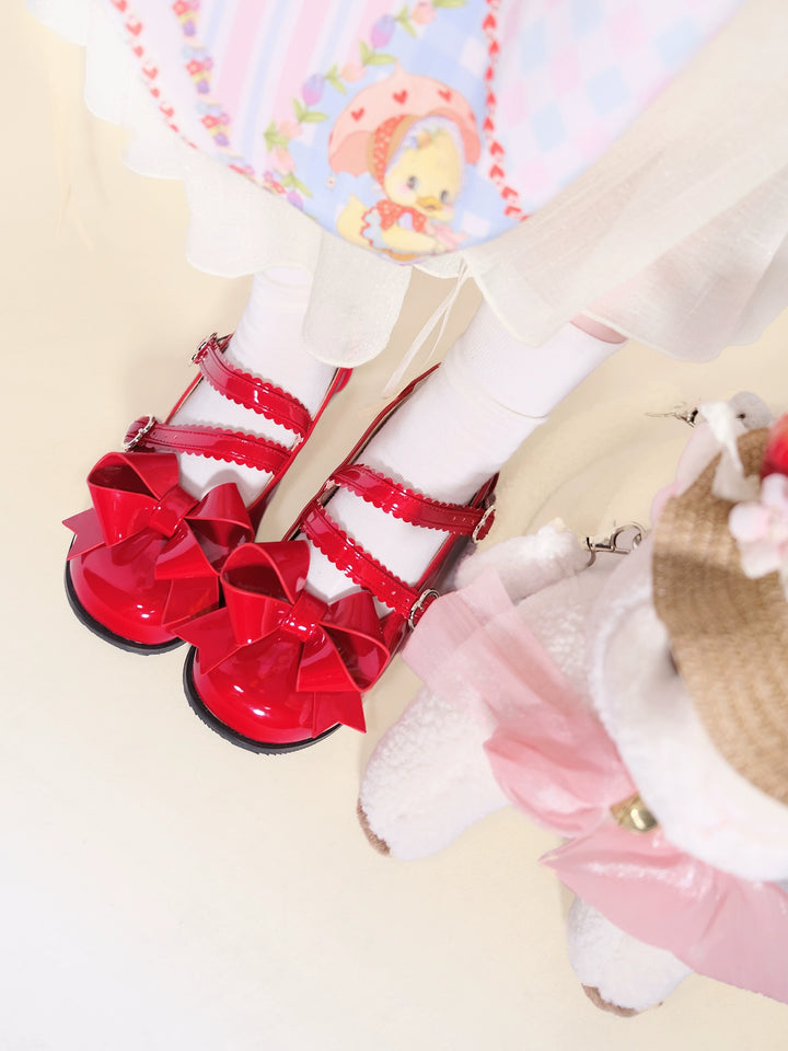 Dolly Doll~Apple Candy~Mary Jane Lolita Shoes Bow PU Low-Mid Heel Shoes   