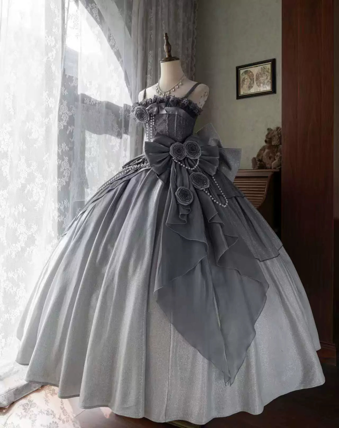 Nectarine White Tea~Captivating Starry~Wedding Lolita Dress Elegant Bridal JSK XS Starry Sky Gray - Long Dress Only