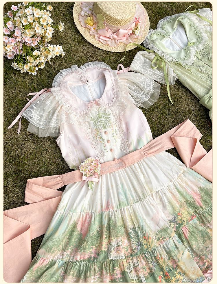 Flower and Pearl Box~Wild Flowers and Fragrant Grass~Country Lolita Dress Floral Print JSK and OP Dress Set 35380:486506