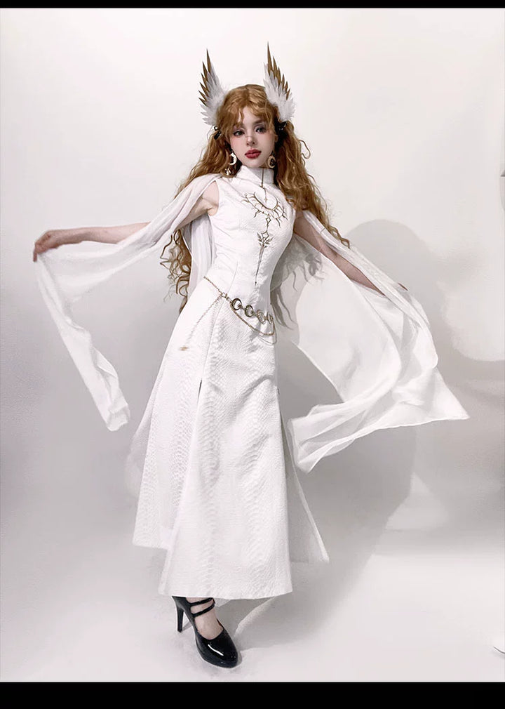 Morning mist and warbler~Oracle~Gothic Lolita JSK Jacquard Dress Cape Holy Set S White JSK + chiffon shawl 