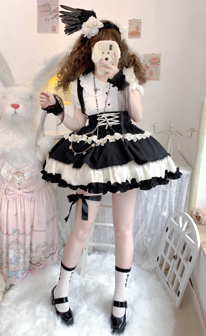 Qianmu~Lollipop~Kawaii Lolita Suspender Mini SK with Tiered Ruffle and Multicolor 42407:739309