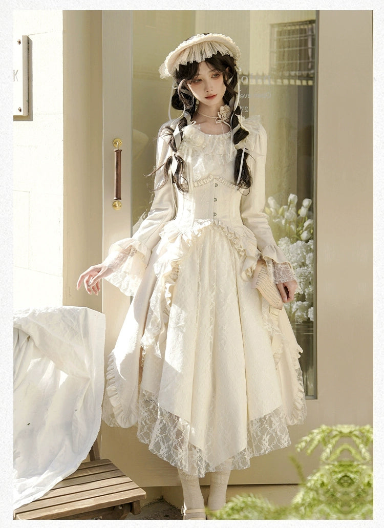 With PUJI~White Tea~Classic Lolita OP Dress with Irregular Design and Fishbone Waistband