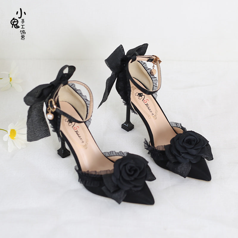 Xiaogui - Elegant Lolita High-Heeled Camellia Bows Shoes 34 black 5cm