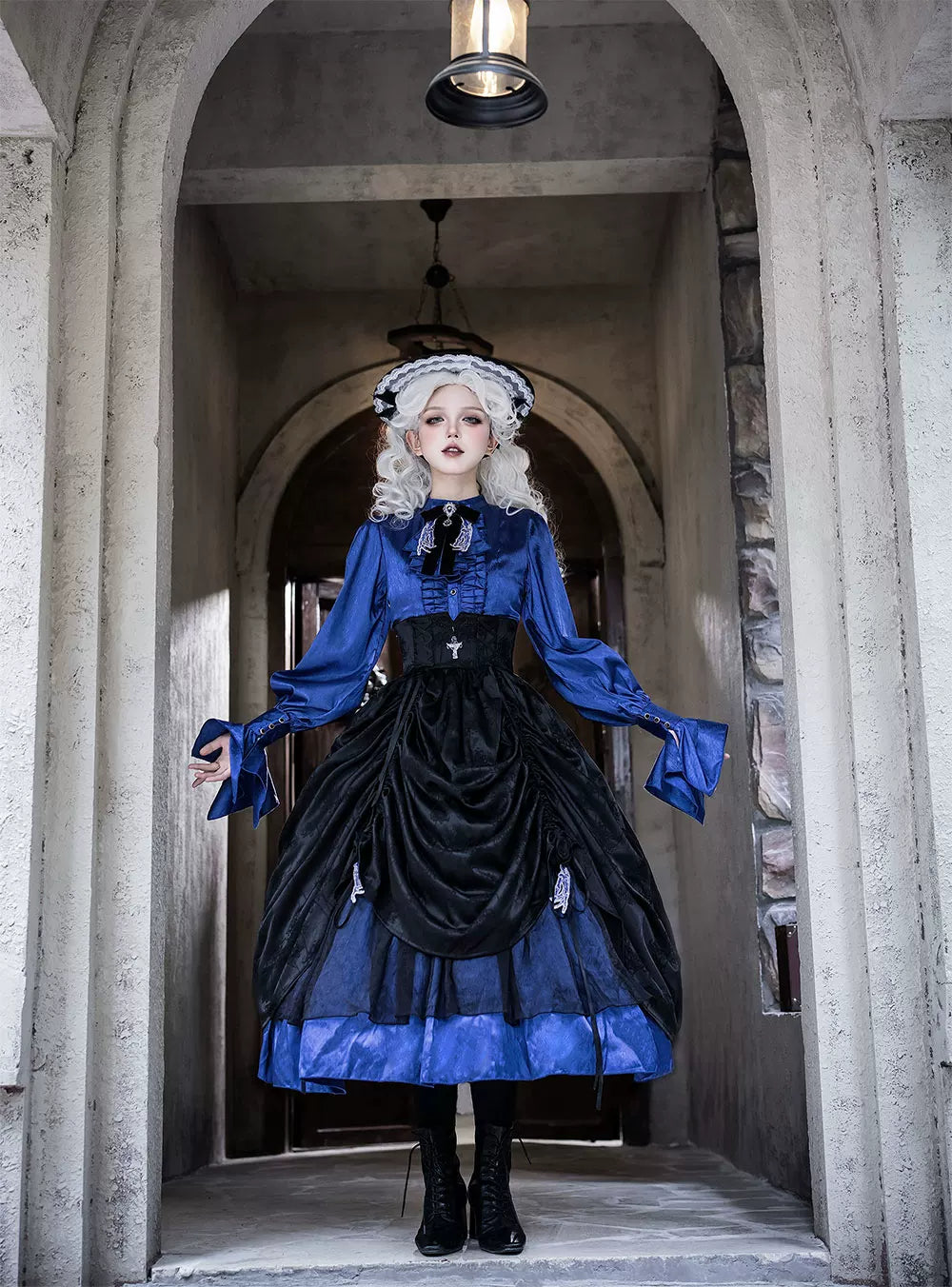 Moonnight Return - Fishbone Gothic Lolita SK Dress, Drawstring lift-up Hem