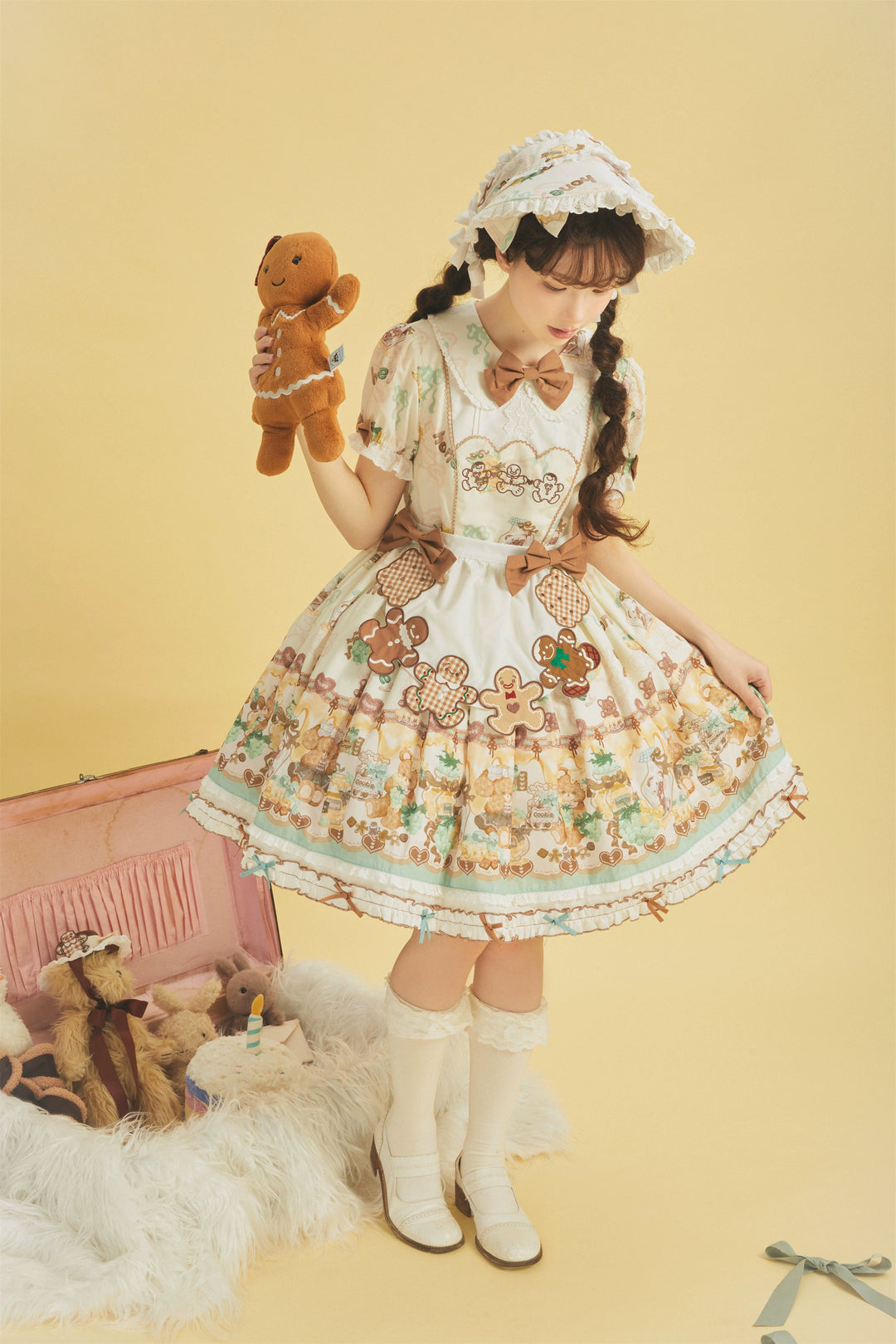 Babyblue~Little Bear Honey Jar~Kawaii Lolita Short Sleeve OP Gingerbread Man Embroidered Dress 40362:656948