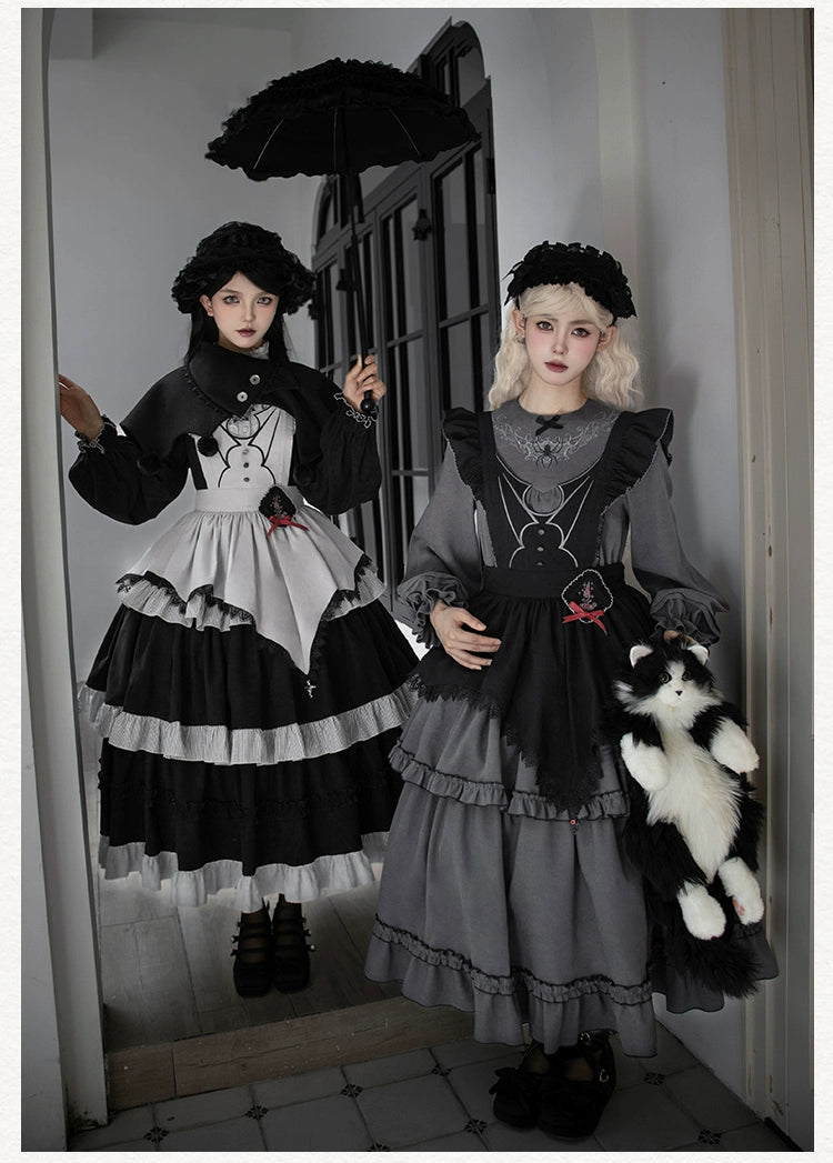 With PUJI~Castle Night~Gothic Twins Lolita OP Three-tiered Embroidery Dress