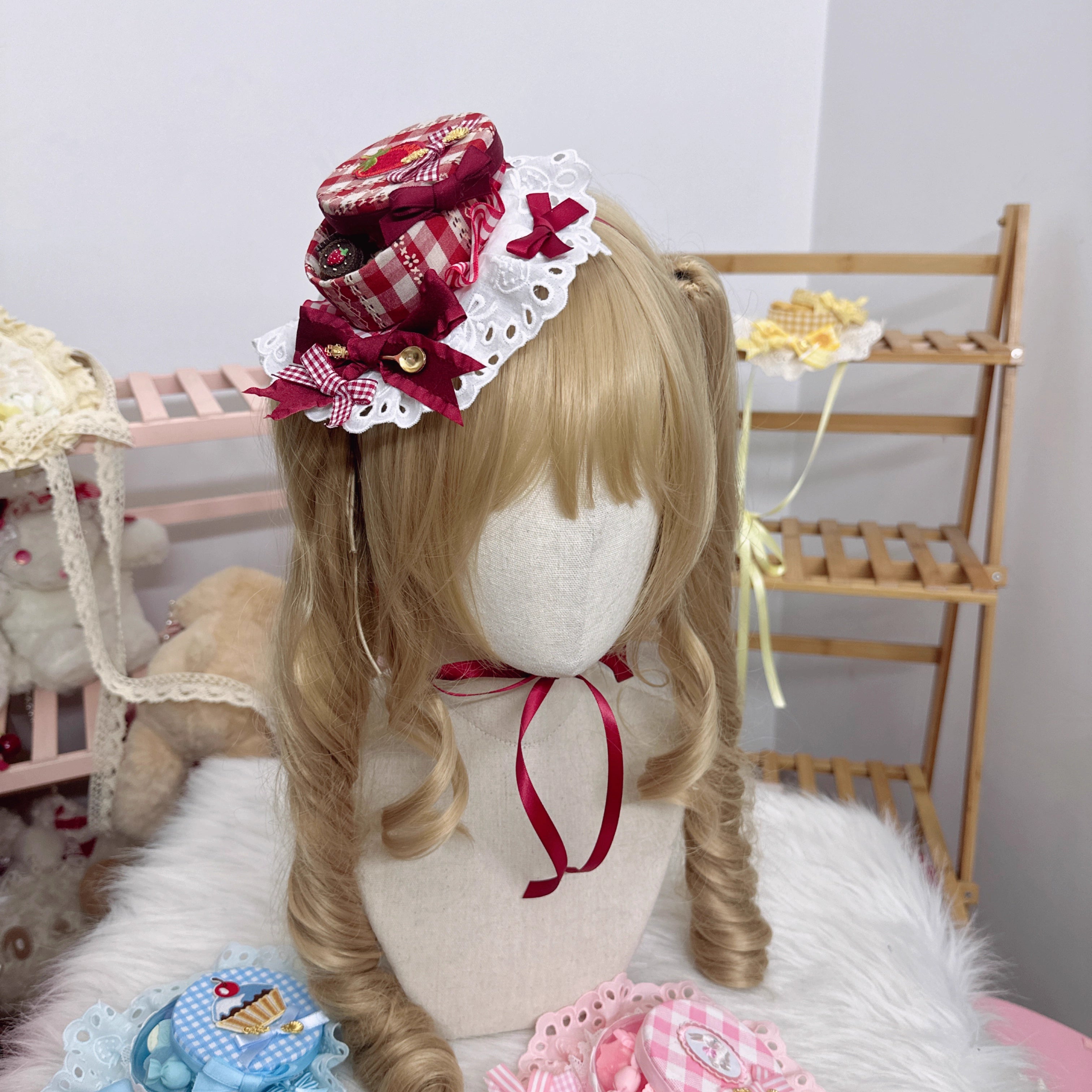 Chestnut Lolita - Sweet Lolita Candy Box Hat Handmade Lolita Top Hat White and red