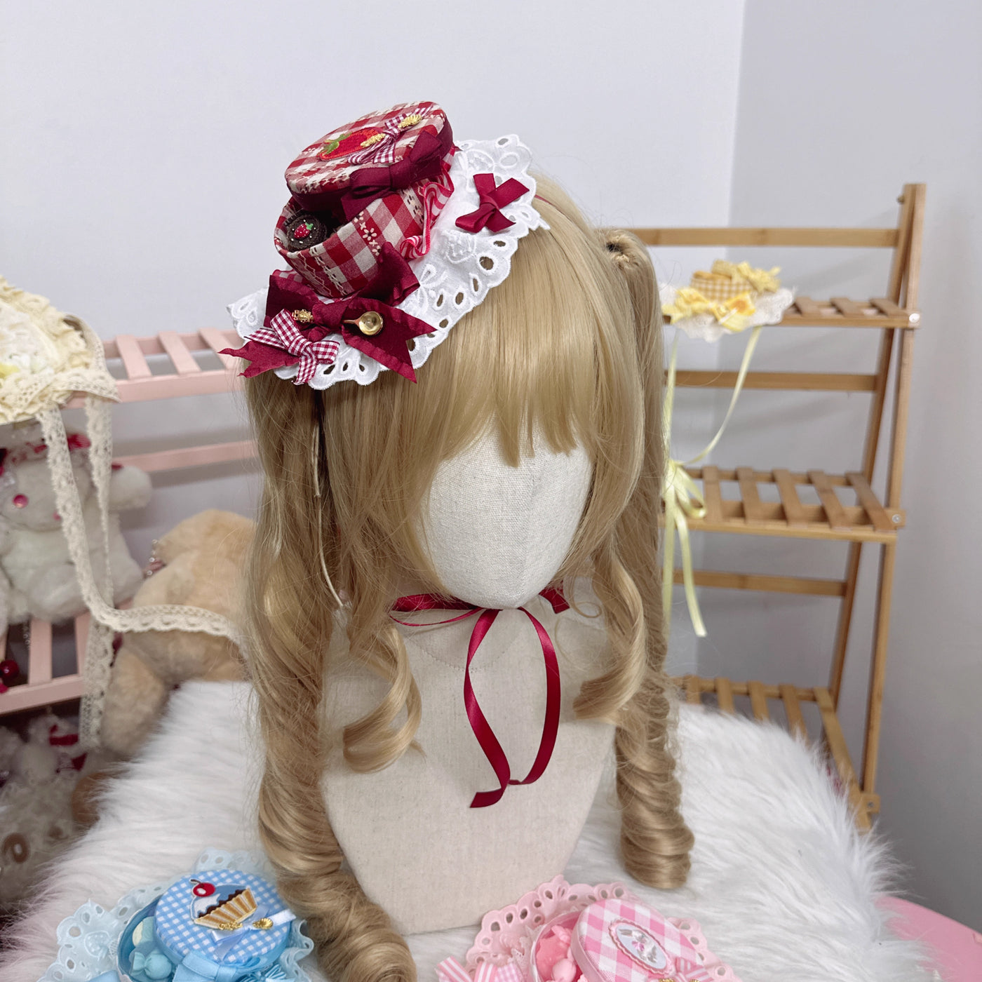 Chestnut Lolita~Sweet Lolita Candy Box Hat Handmade Lolita Top Hat White and red  