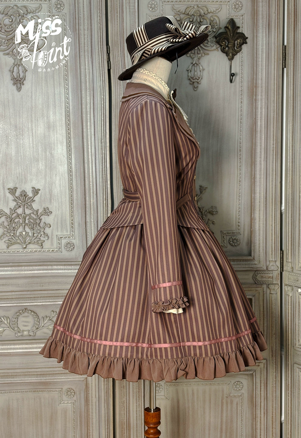 Miss Point~Classical Chocolate~Classic Lolita Jacket Elegant Striped Short Outwear 40812:676514