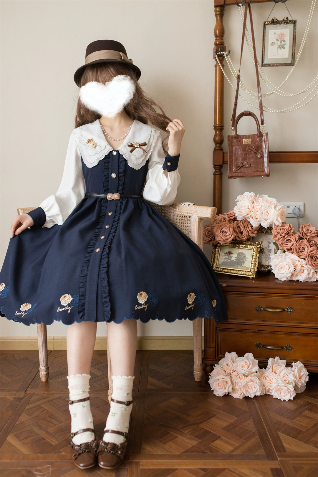 EESSILY~Window Rose~Classic Lolita OP Front Buttoned Embroidery Lolita Dress