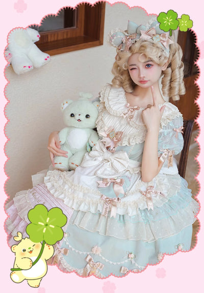 Puppets and Doll~Bear Boy~Sweet Lolita OP Dress Green Pink Lolita Dress for Summer   