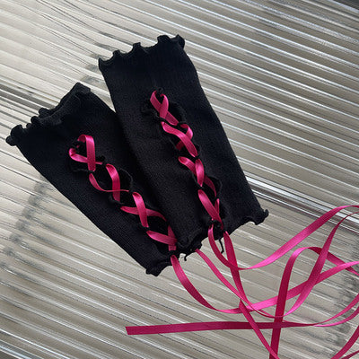 WAGUIR - Kawaii Lolita Wrist Cuffs DIY Gloves black+rose red